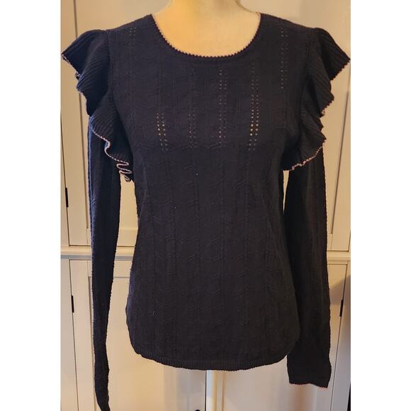 Ann Taylor Women's Blue Knit Blue Light Pink Semi Sheer Flutter Sweater Medium - Picture 1 of 5